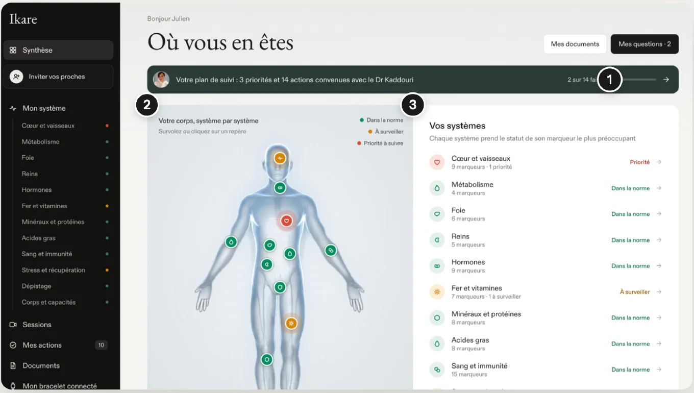 ikare.health : la synthèse par système, chaque marqueur situé sur le corps (exemple illustratif, données de santé fictives)