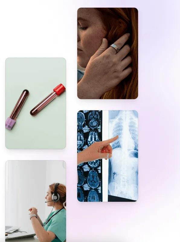 Plateforme ikare.health : visuels de la page d'accueil, tubes d'analyse et imagerie médicale