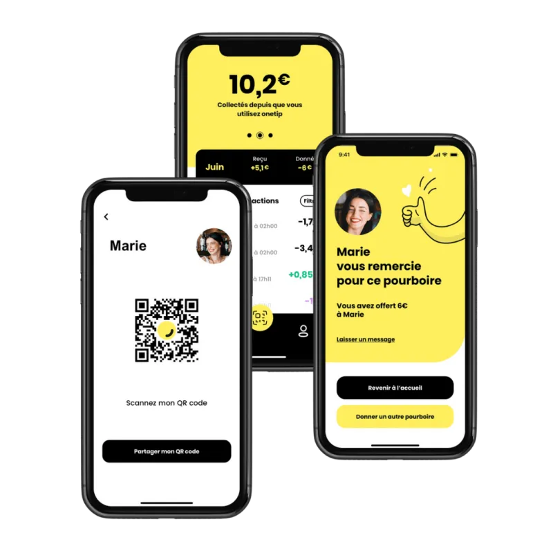 Application Onetip : QR code de pourboire, message de remerciement et suivi des pourboires reçus