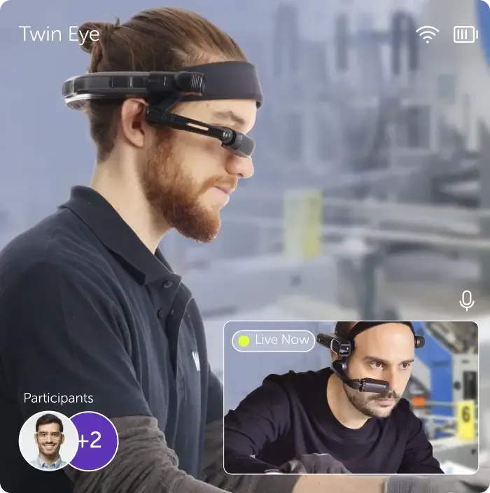 Technicien équipé d'un casque connecté RealWear, en appel vidéo avec un collègue